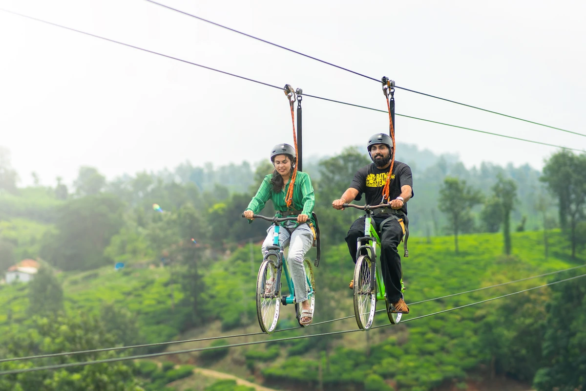 Sky cycling wayanad on elevated cable track with scenic mountain views at boche 1000 acre reost wayanad
