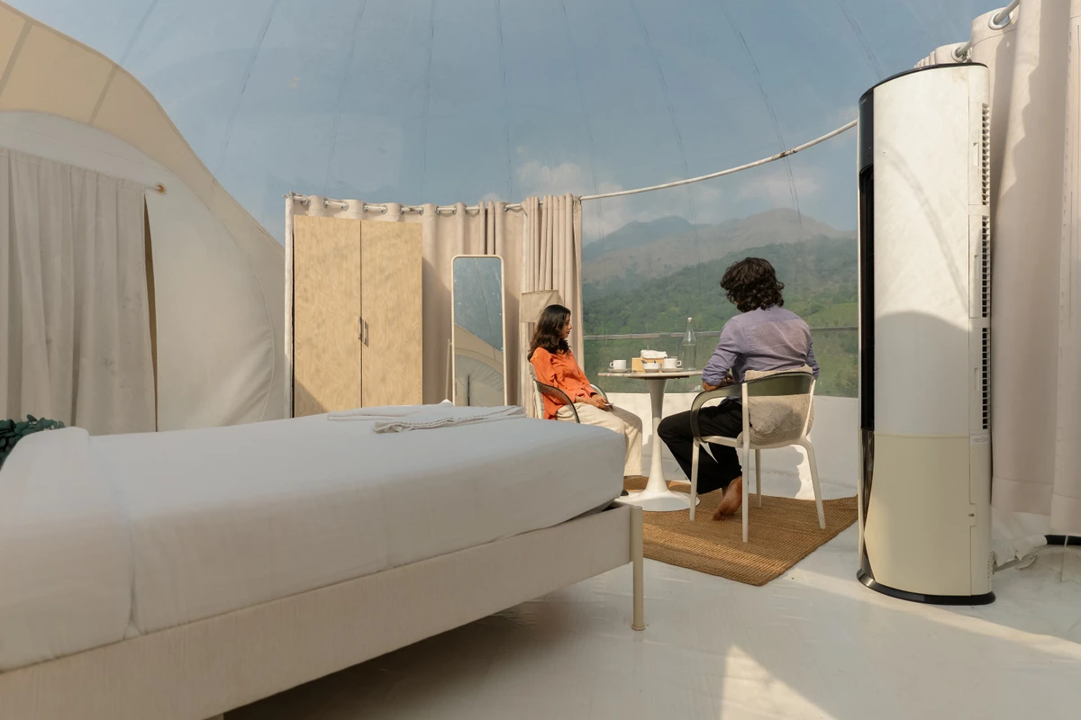 Bubble Dome Bedroom Experience Luxury climate-controlled bedroom setup inside transparent bubble dome wayanad