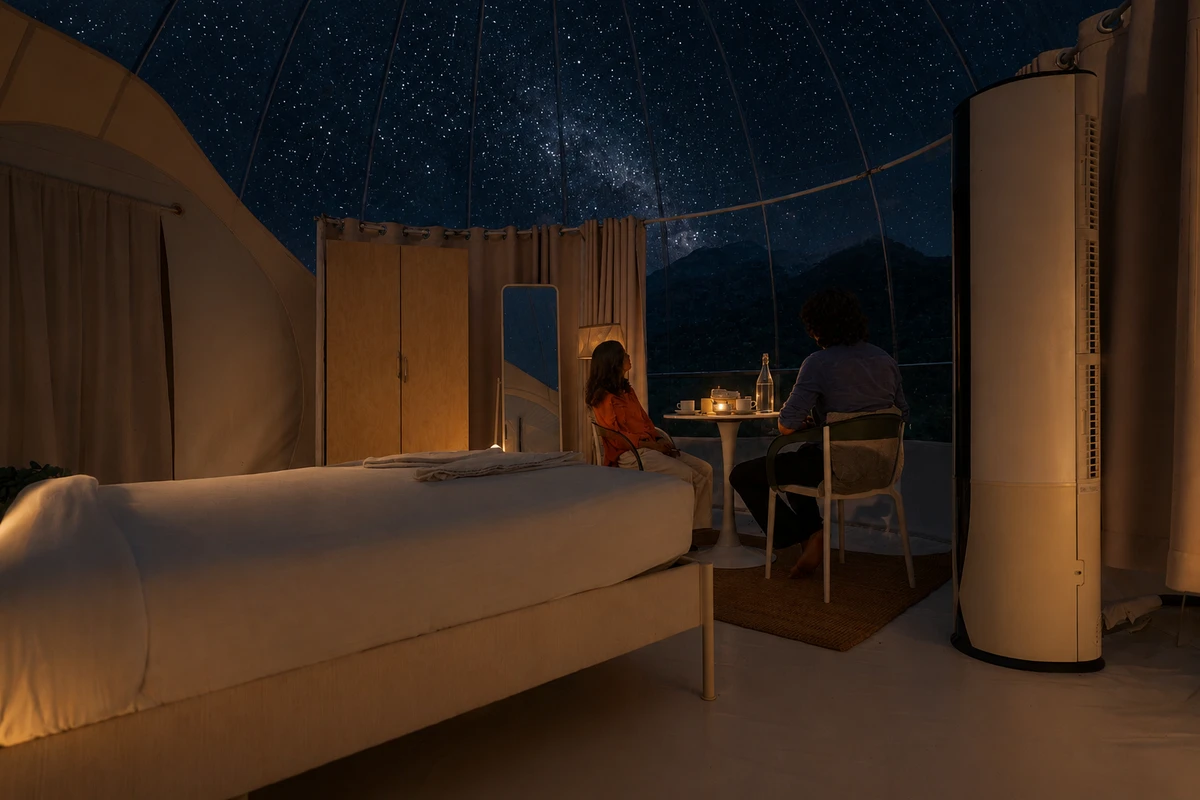 Couples watching stars from bubble dom stay at boche 1000 acre resort in wayanad kerala Couples watching stars from bubble dom stay at boche 1000 acre resort in wayanad kerala